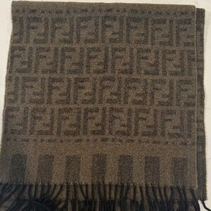 Fendi Brown and Black FF Logo Jacquard Scarf with Fringe